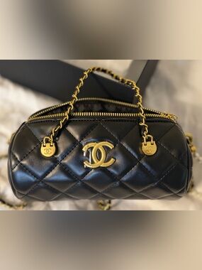 Chanel Beauty GWP Black Quilted Barrel Crossbody/Hand Bag Gold Chain with Box